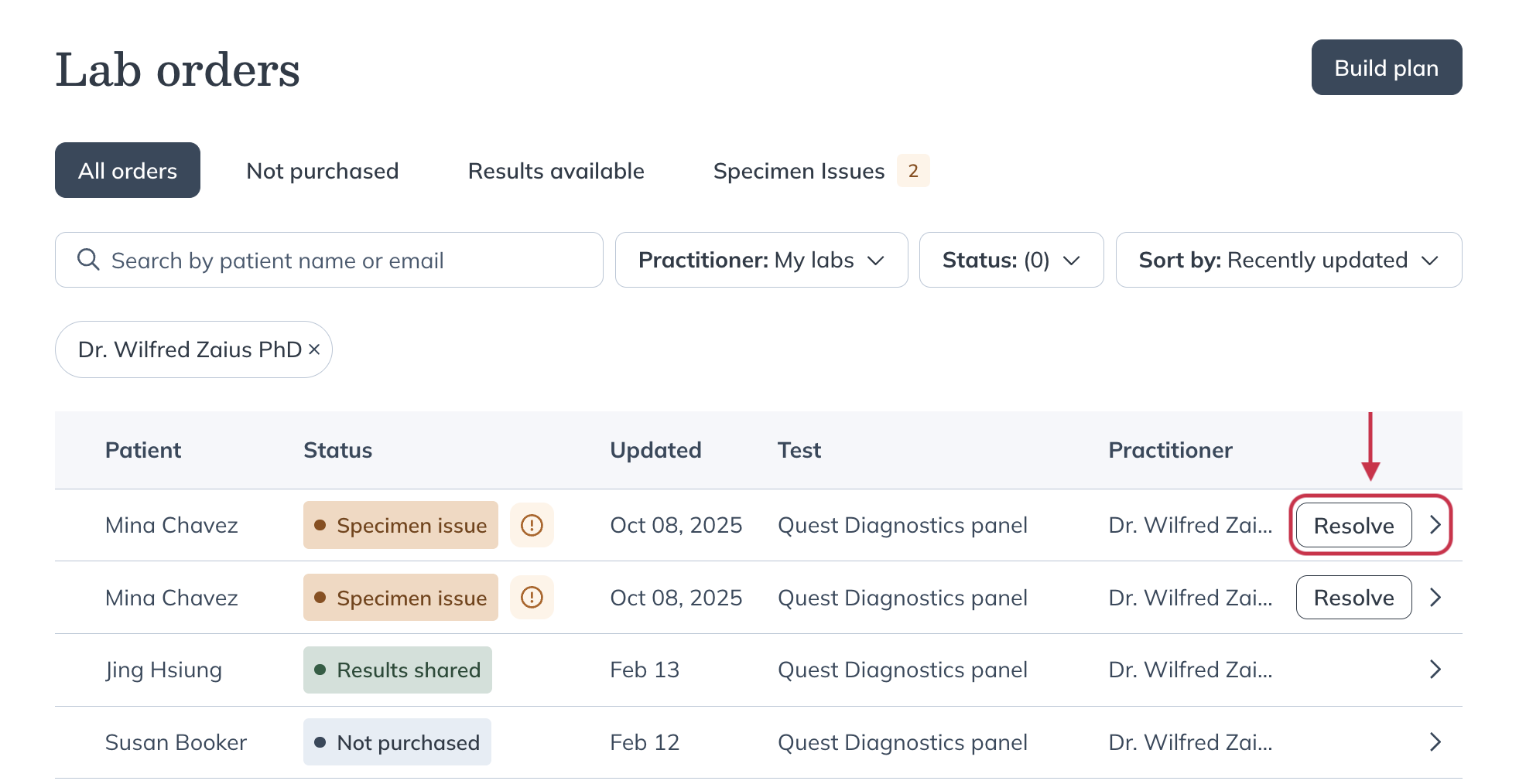 Lab orders dashboard showing the Resolve button next to a test with a specimen issue.