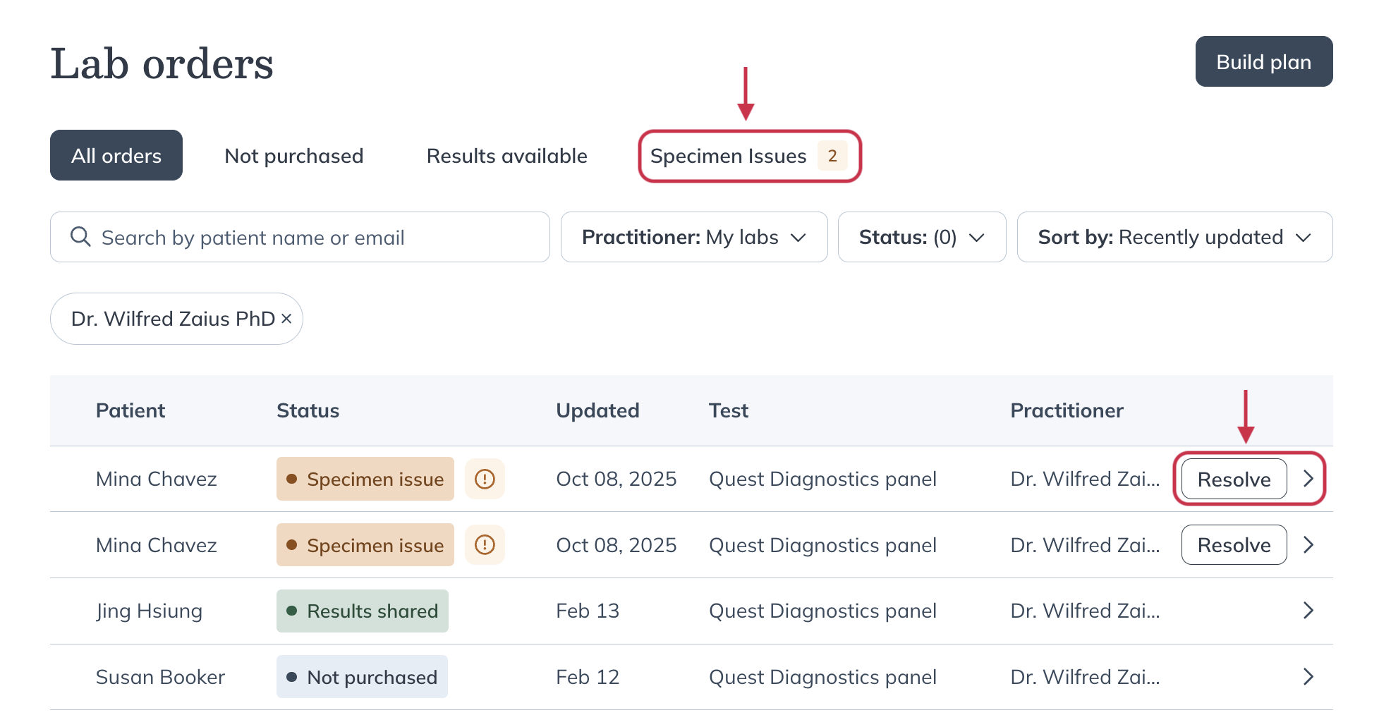 Lab orders dashboard showing the Specimen issues tab, specimen issue status, and Resolve buttons next to affected tests.