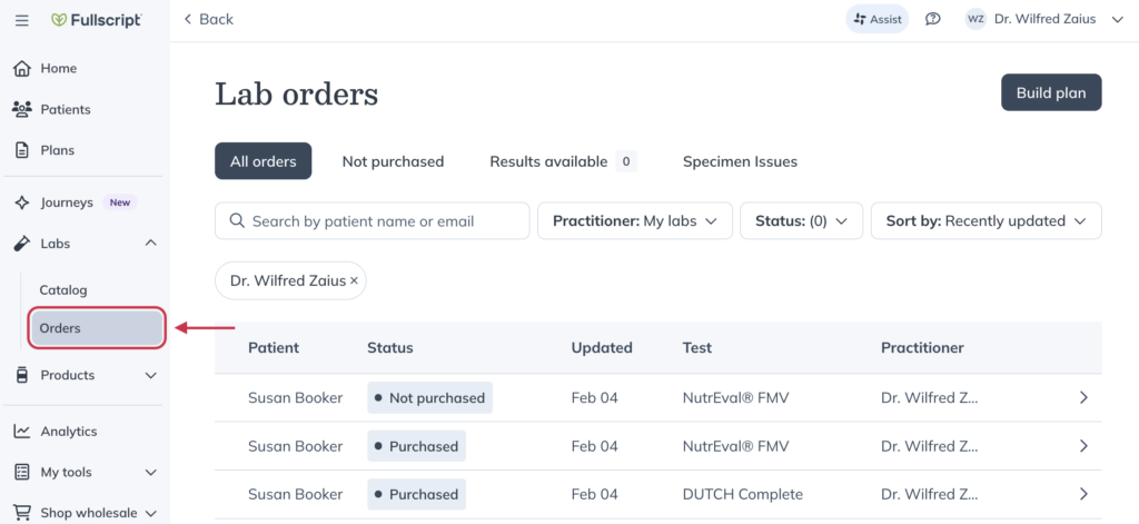 From the left-hand navigation, clicking Labs then Orders.