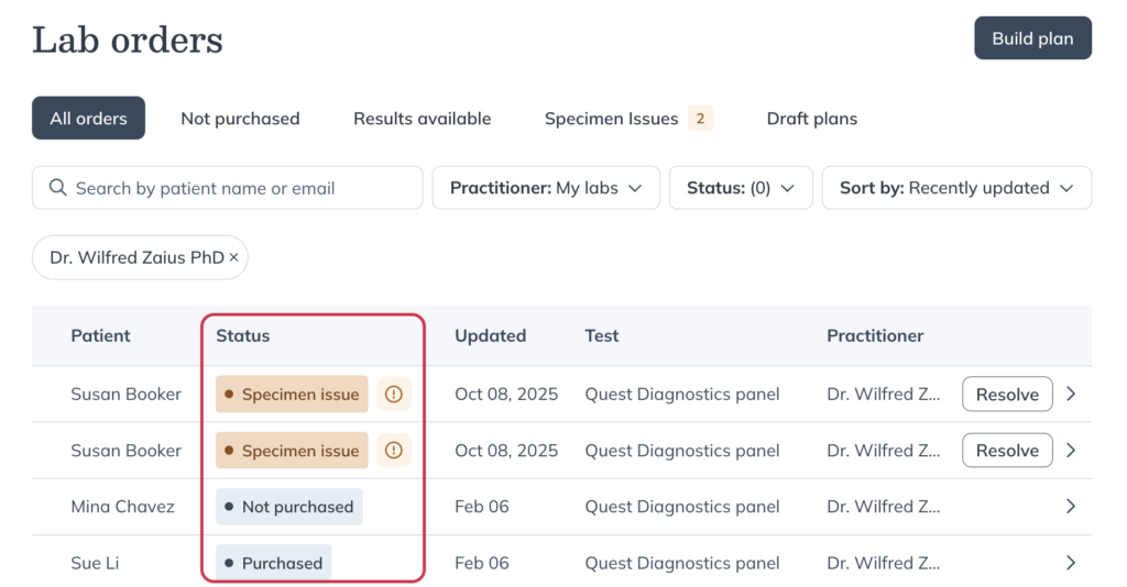 Status column in the Lab orders dashboard.