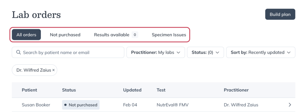 Use the filters at the top of your dashboard to quickly view orders by category.