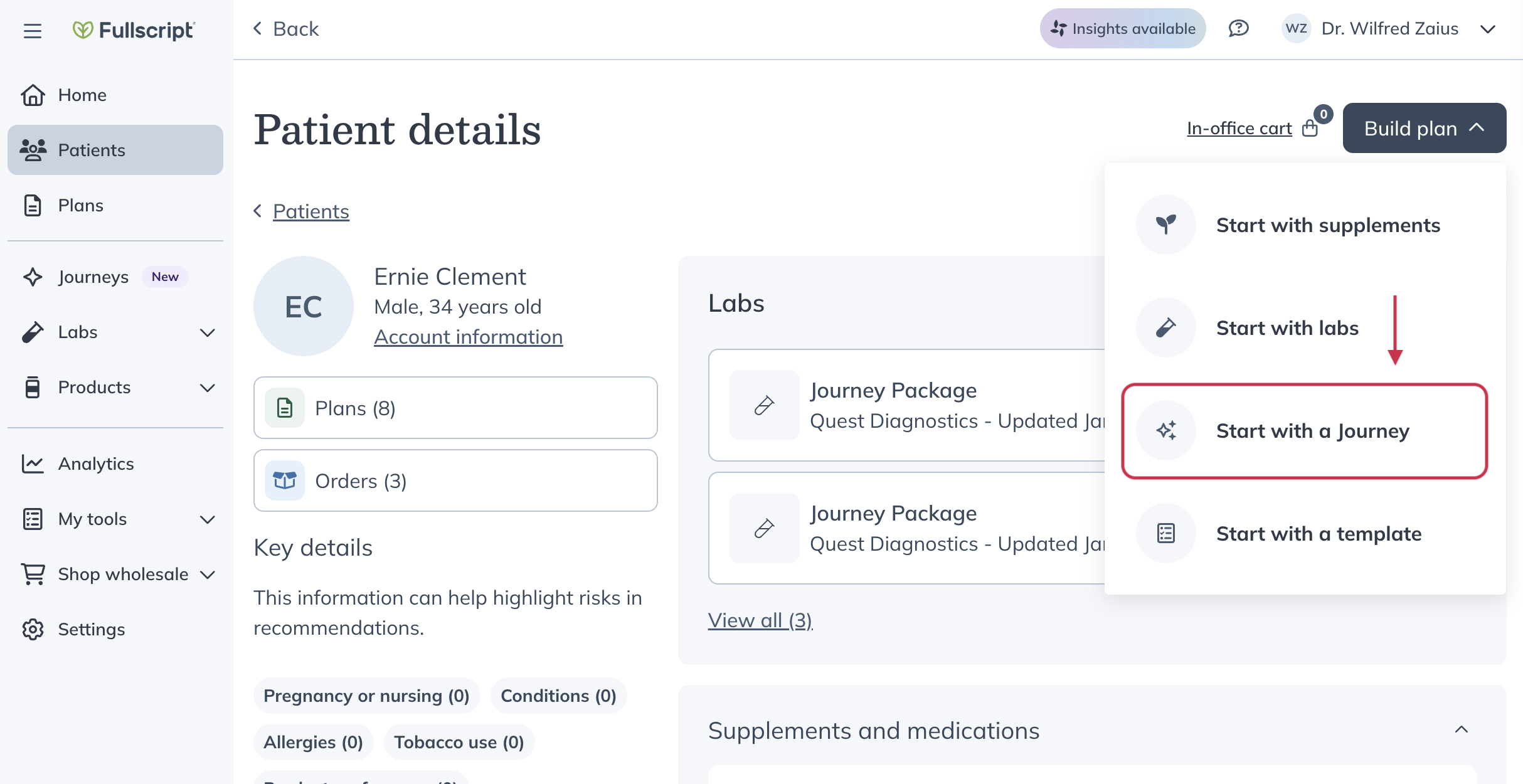 Starting a Journey from the patient page.