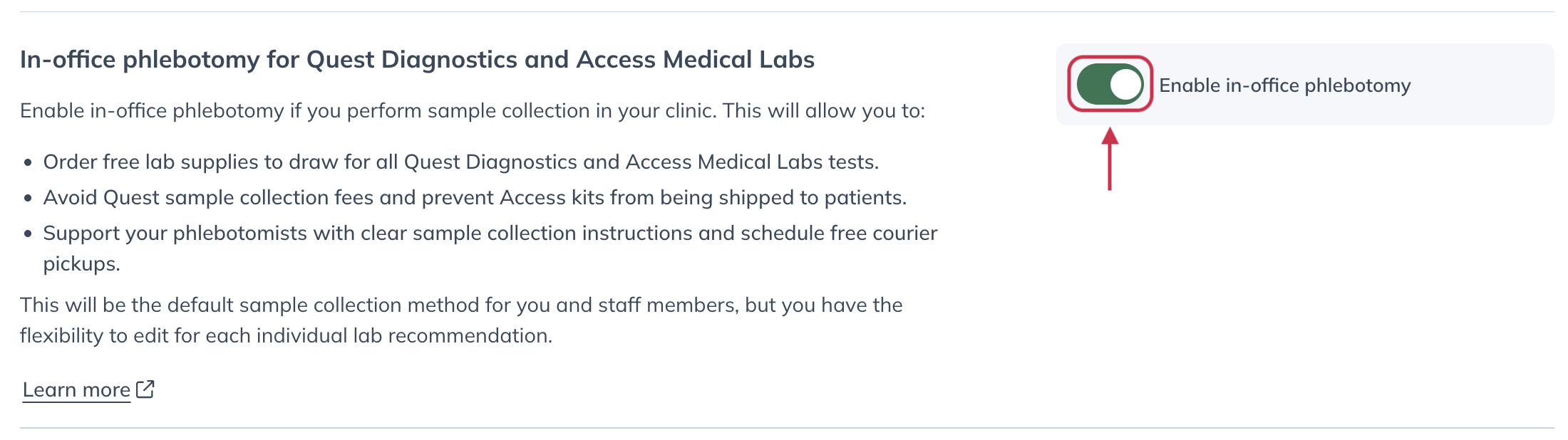 In-office draws toggle located in Settings under Labs.