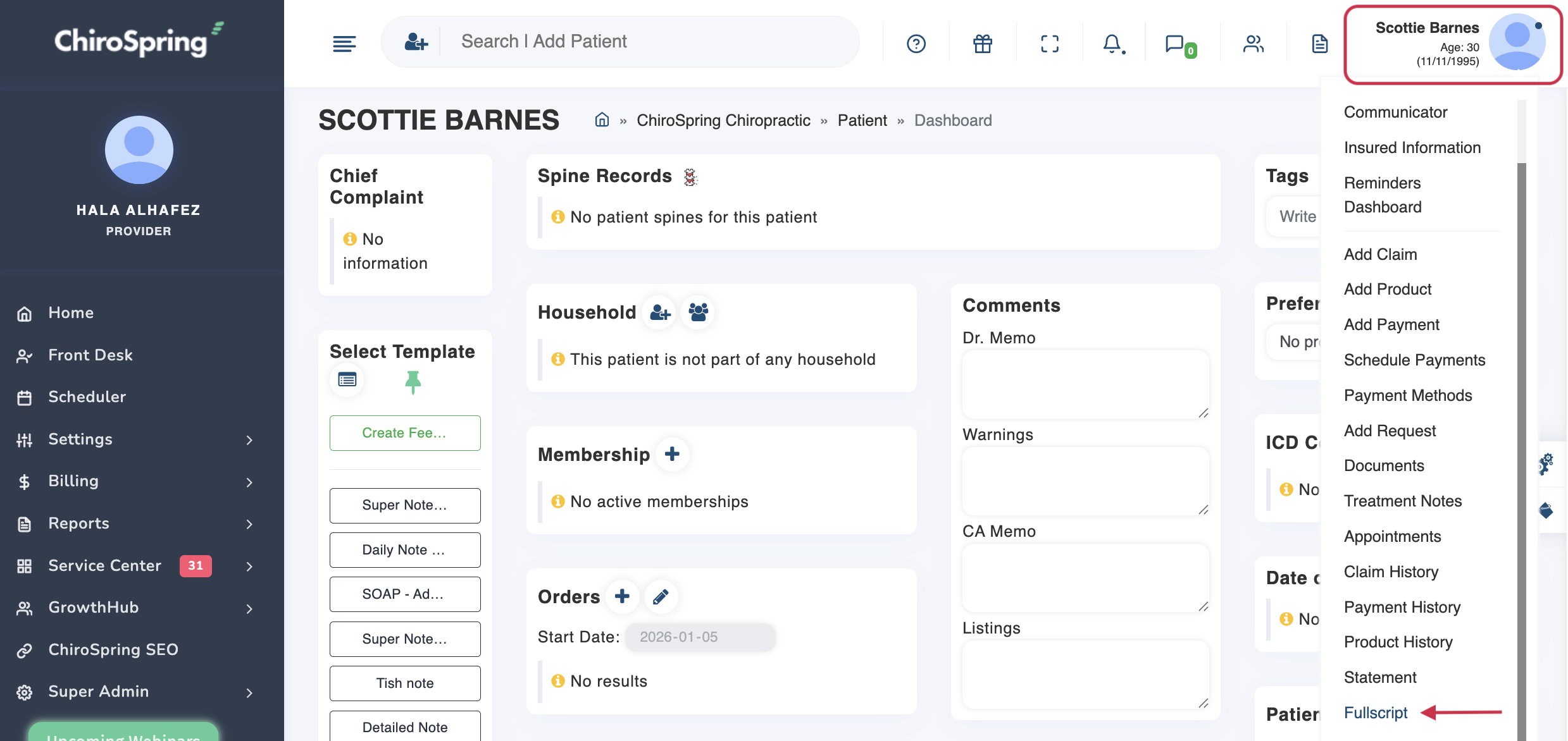 Selecting Fullscript account under patient profile.