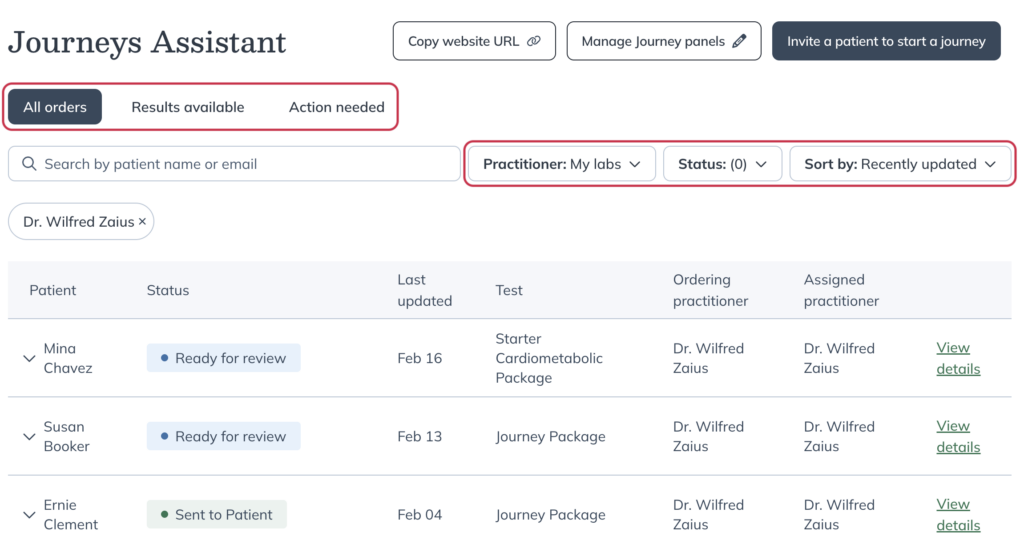 Journeys Assistant dashboard showing filters, search, and sorting options for journey orders.