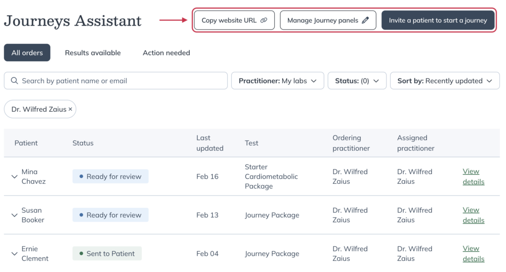 Journeys Assistant dashboard showing buttons to copy the journeys website URL, manage journey panels, and invite a patient to start a journey.
