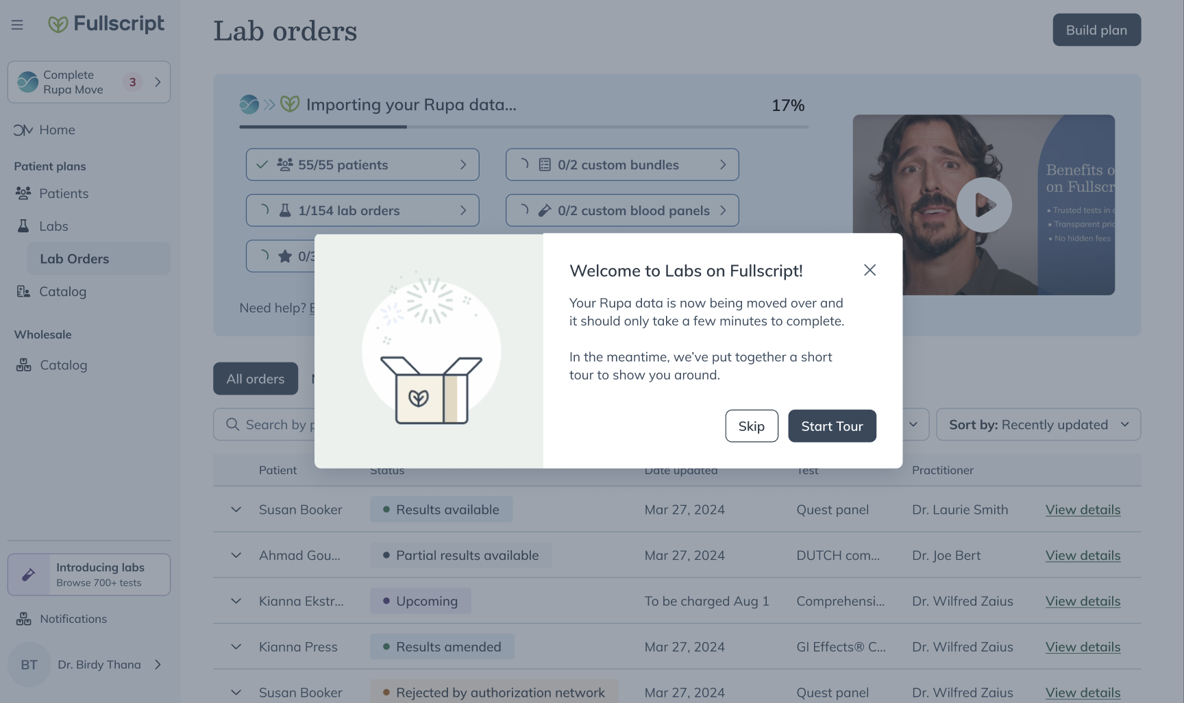 Fullscript labs tour pop-up introducing the labs experience and highlighting key features in the platform