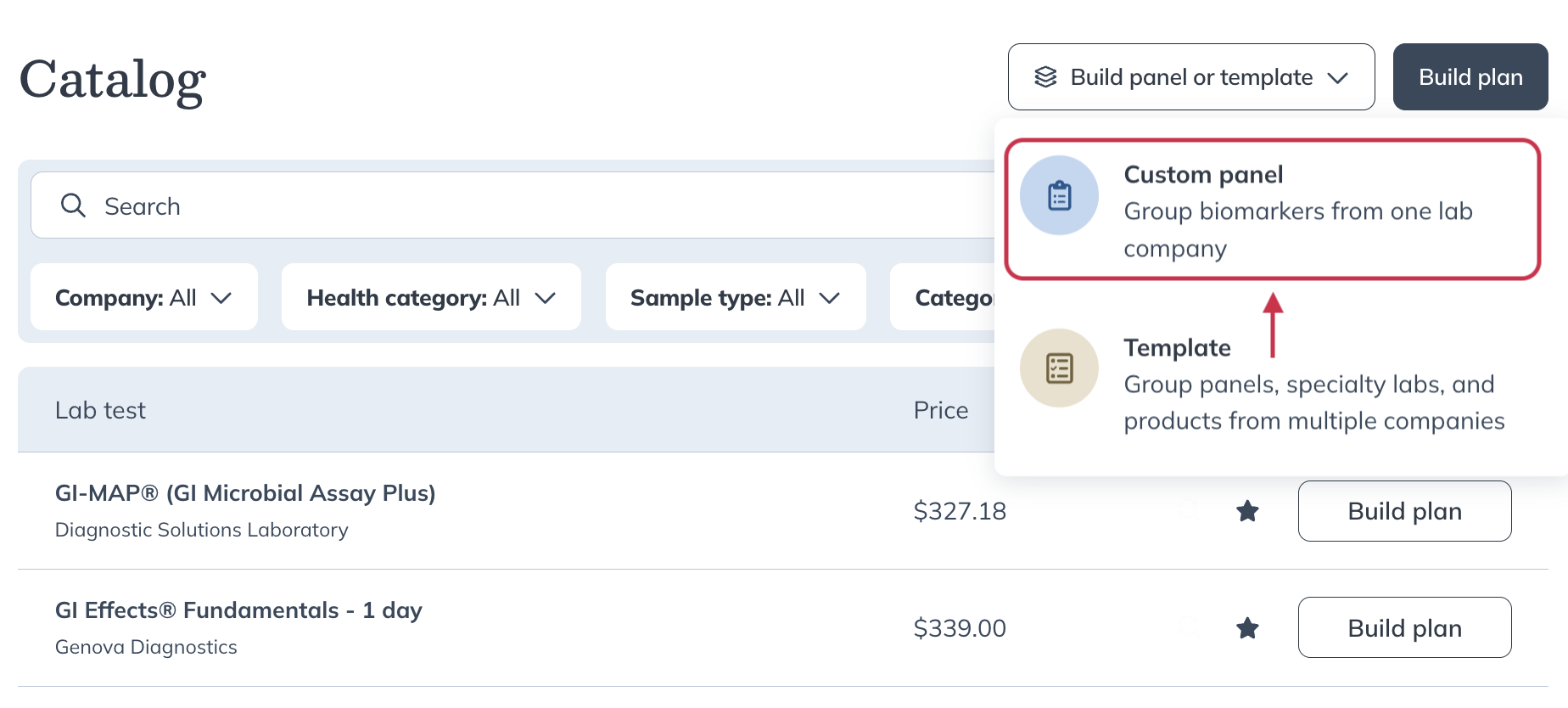 Build panel or template dropdown in the Labs catalog with Custom panel selected