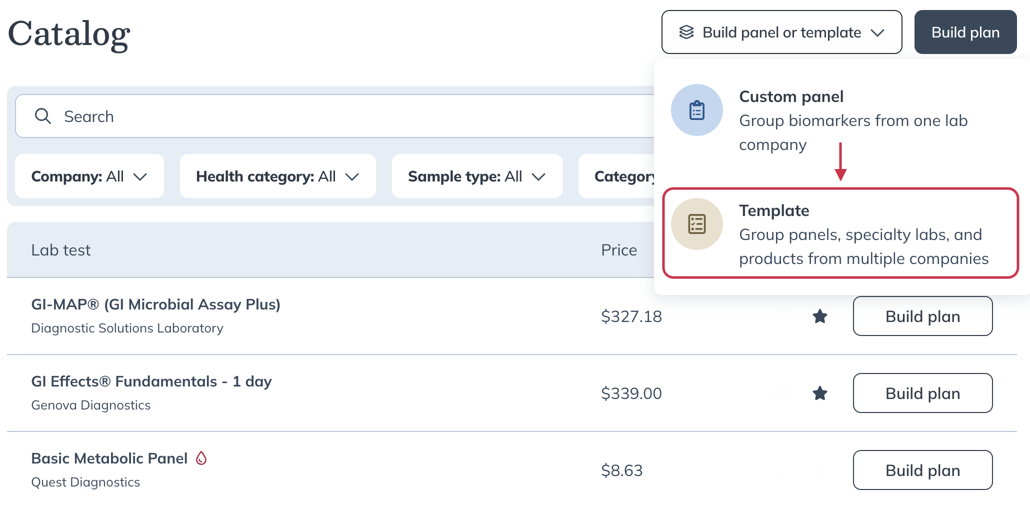 Build panel or template dropdown in the Labs catalog with Template selected