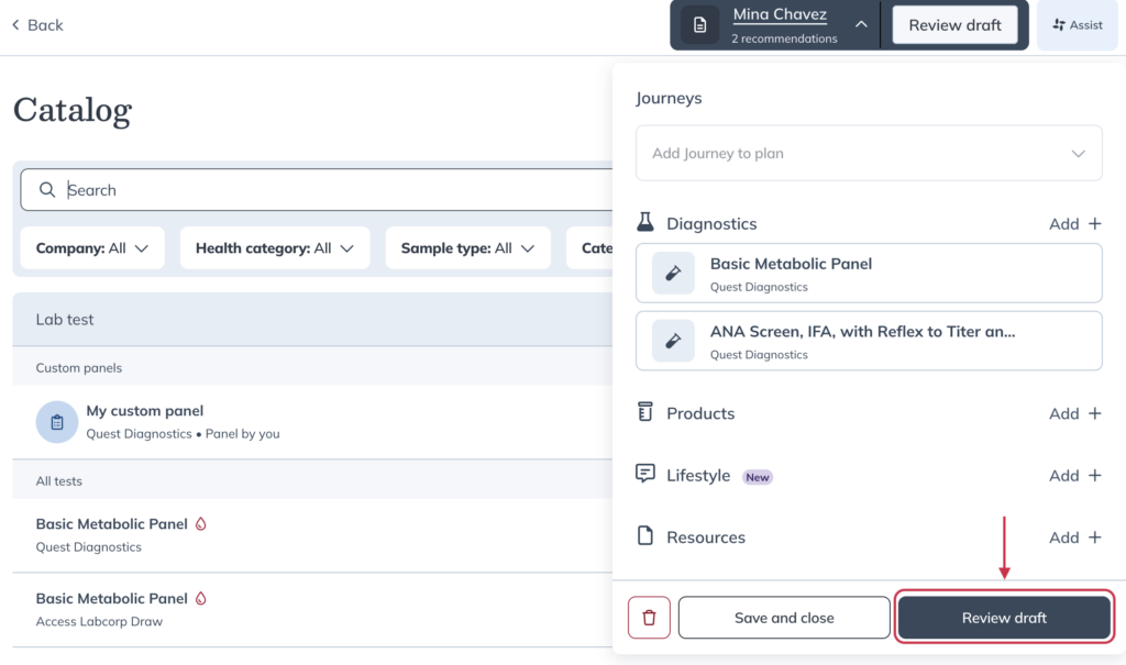 Review draft page showing a plan created from a custom panel
