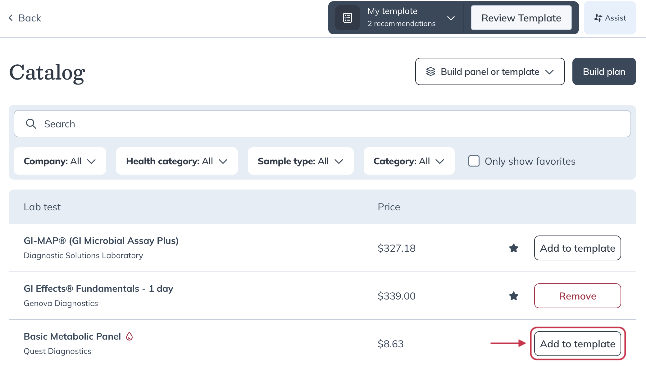 Add to template buttons next to labs and panels in the catalog