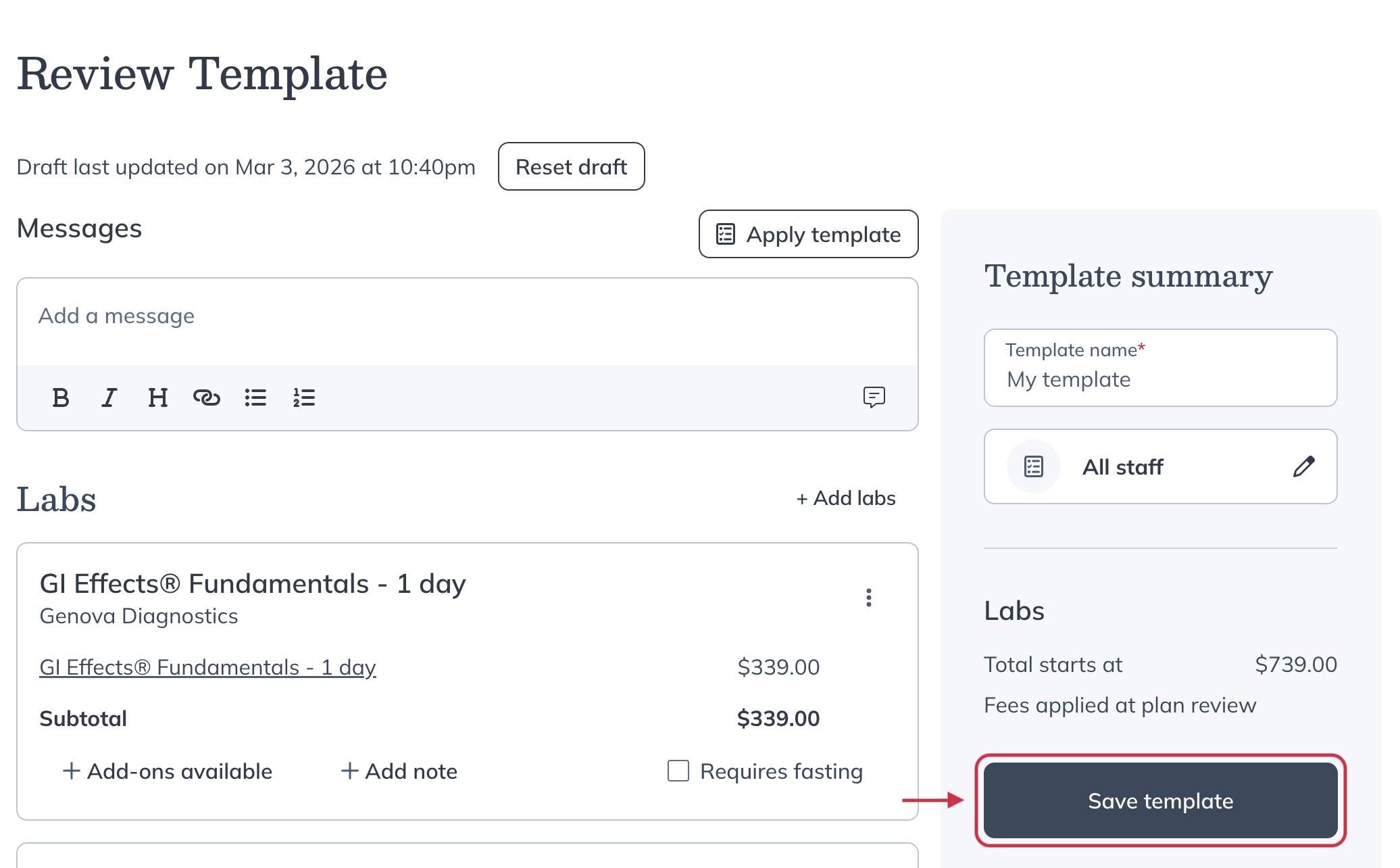 Review template screen showing items added before saving the template