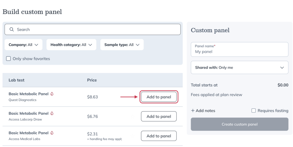 Add to panel button next to biomarkers in the Labs catalog