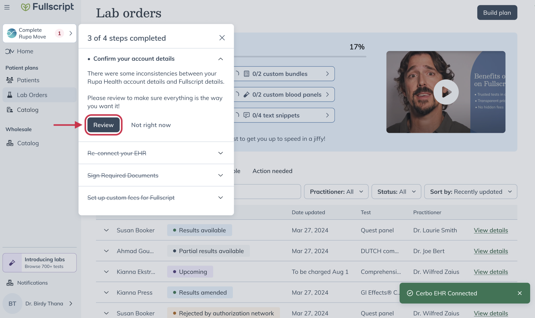 Confirm account details screen in Fullscript for reviewing provider information