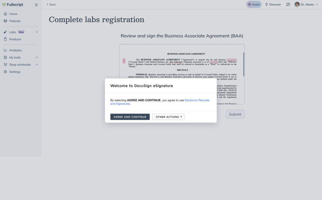 Business Associate Agreement screen for completing labs registration on Fullscript