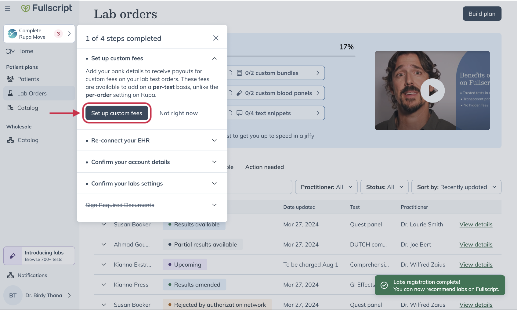 Custom fees setup screen in Fullscript for entering a fee name, amount, and payout details