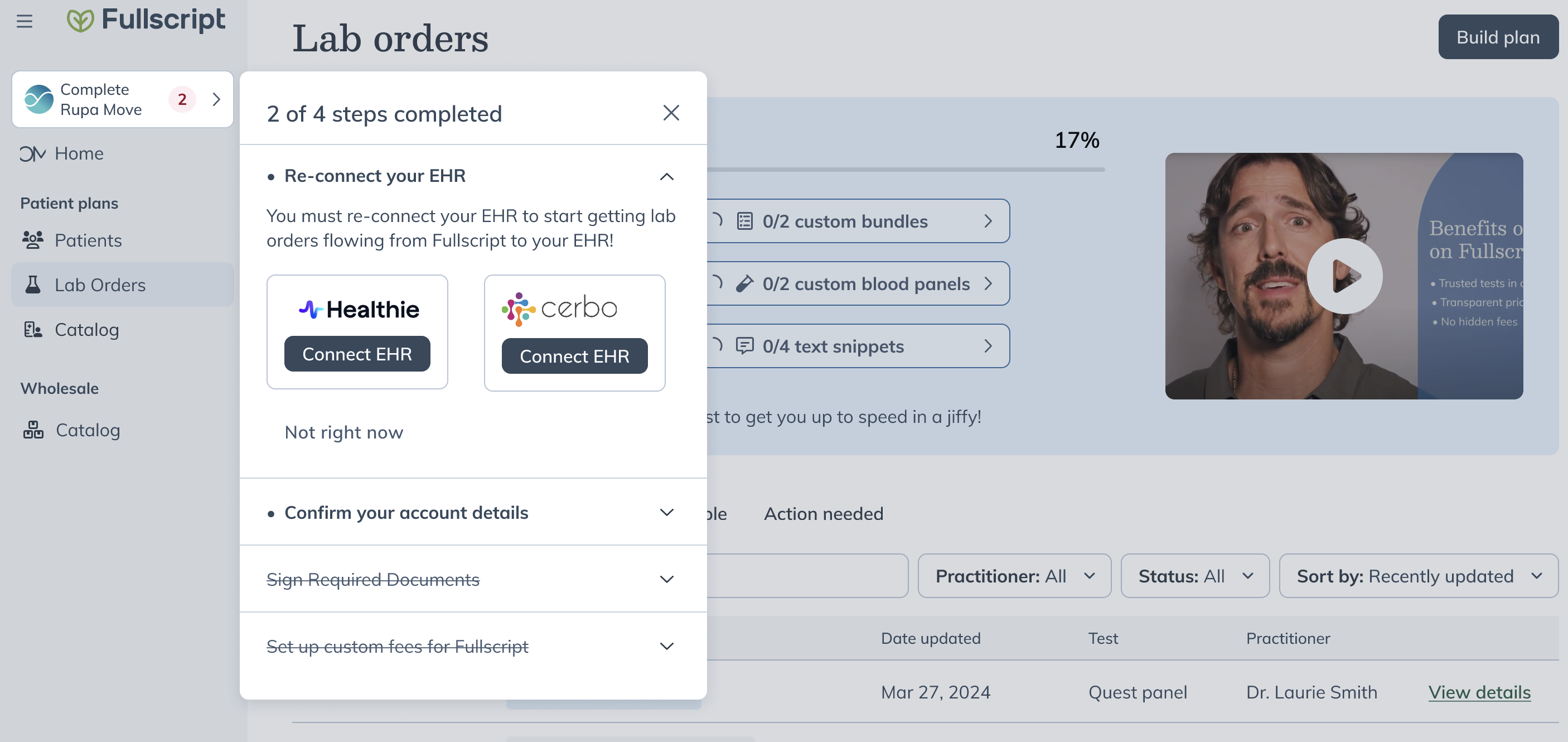 Reconnect EHR screen in Fullscript with the option to connect an existing EHR integration