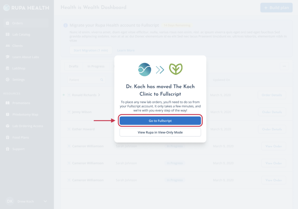 Rupa popup prompting the user to continue to Fullscript with a “Go to Fullscript” button.