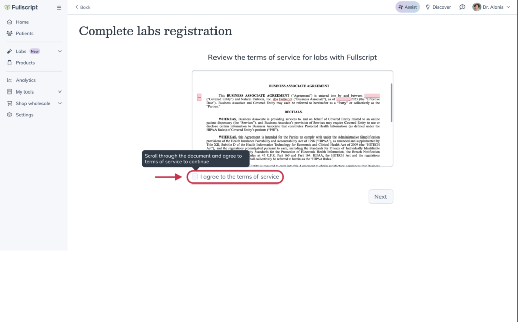 Fullscript labs registration screen showing provider information and the Terms of Service agreement