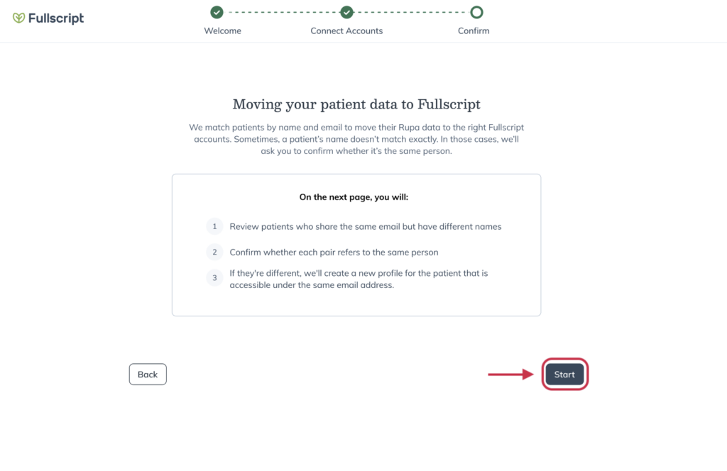 Moving your patient data to Fullscript screen with a Start button to begin reviewing patient matches