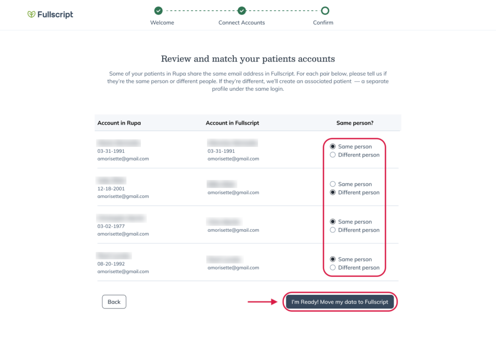 Patient matching screen comparing a Rupa patient profile with a Fullscript patient profile with options to select Same person or Different person