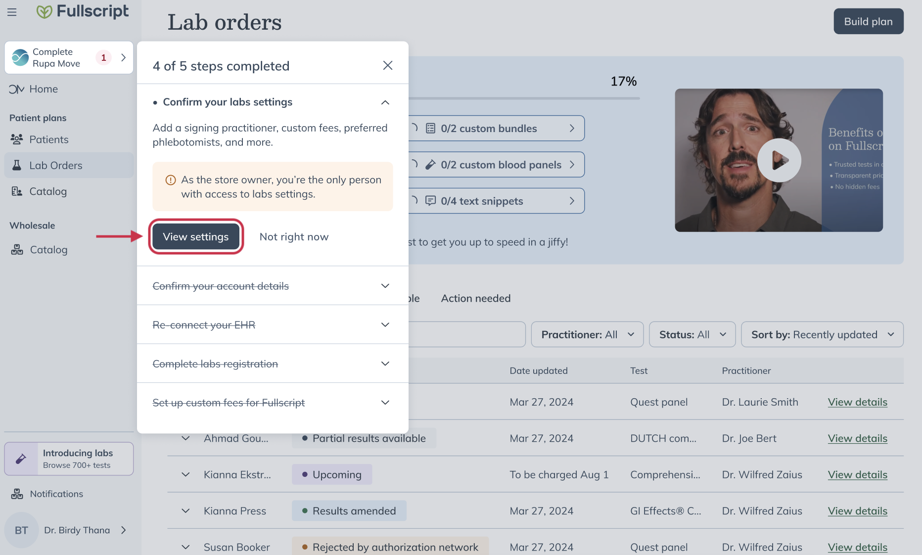 Confirm labs settings screen in Fullscript for reviewing lab preferences and account settings