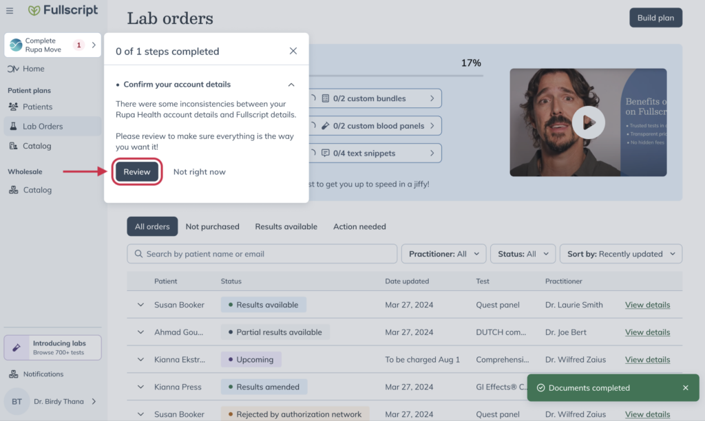 Screen prompting the user to review and confirm account details with a Review button.