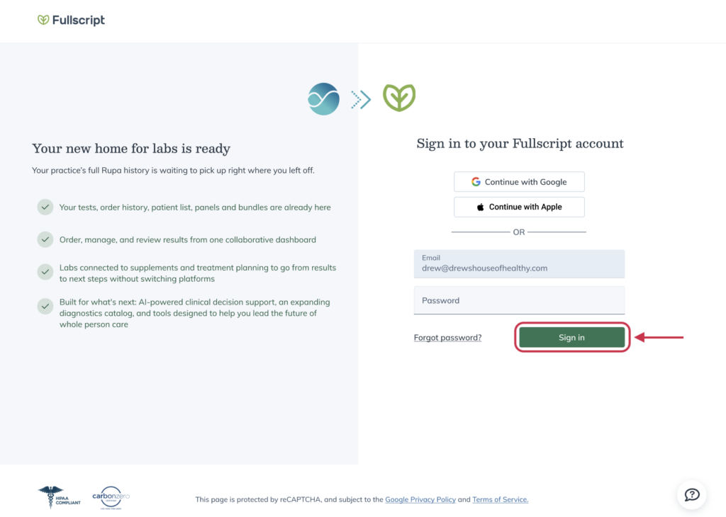 Fullscript sign-in page with fields for email and password.