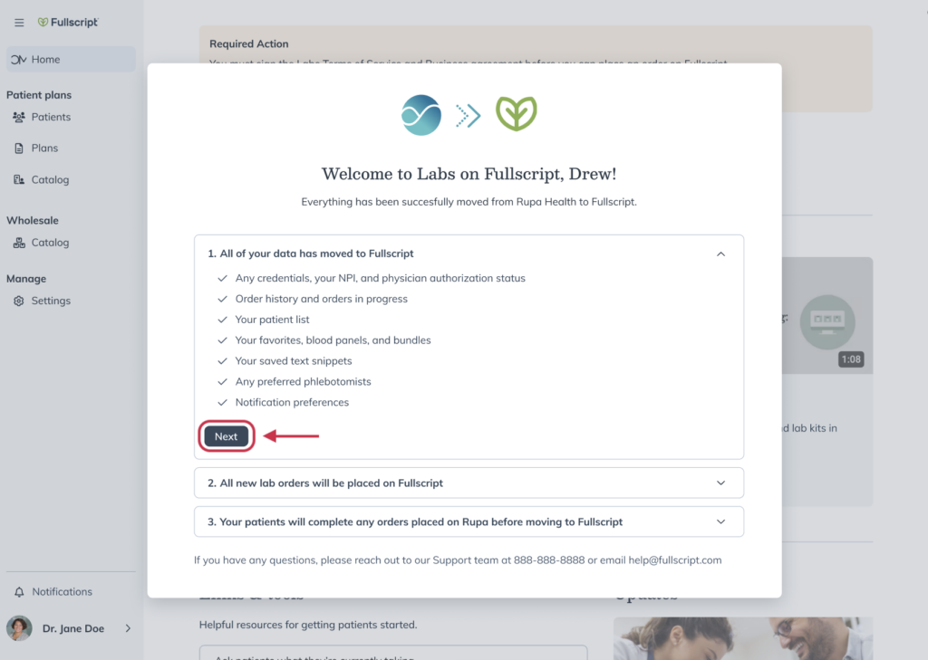 “Welcome to labs on Fullscript” screen with a Next button to begin setup.