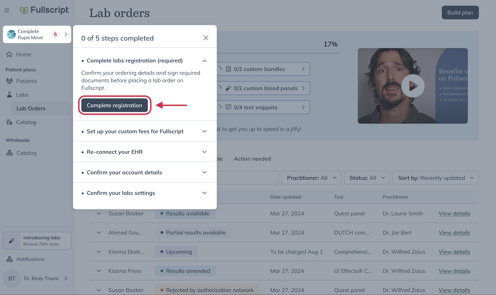 Fullscript onboarding checklist showing the Complete registration step for setting up labs.