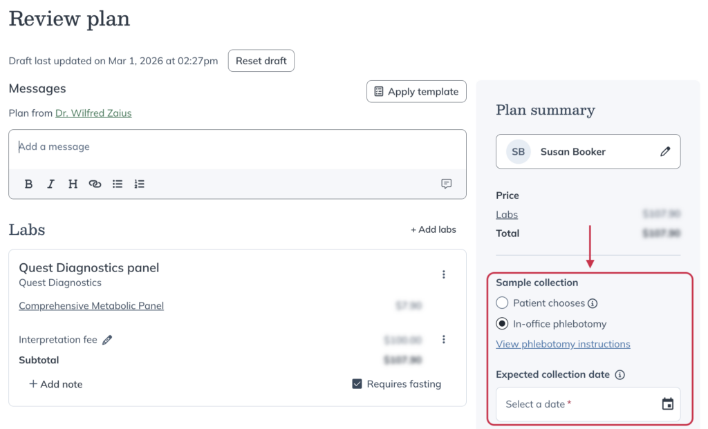 Review plan page with In-office draws selected and Expected collection date field visible.