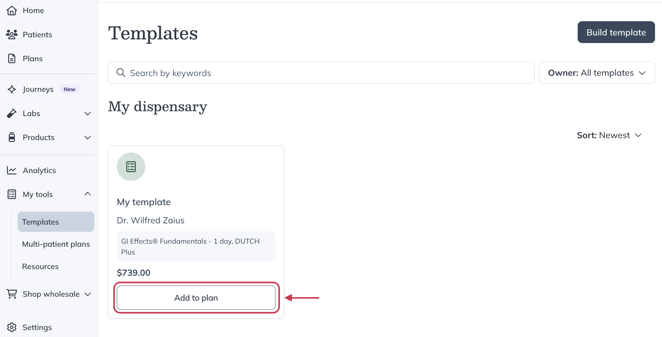 Templates page showing saved templates with an Add to plan button