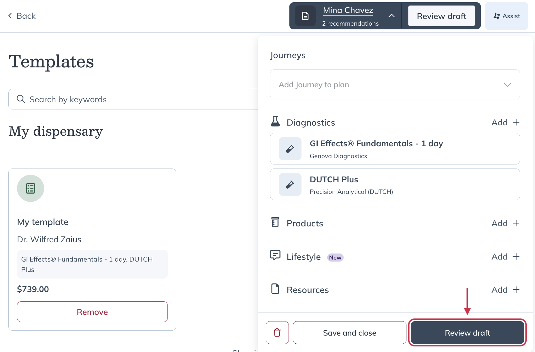 Review draft page displaying a patient plan created from a template