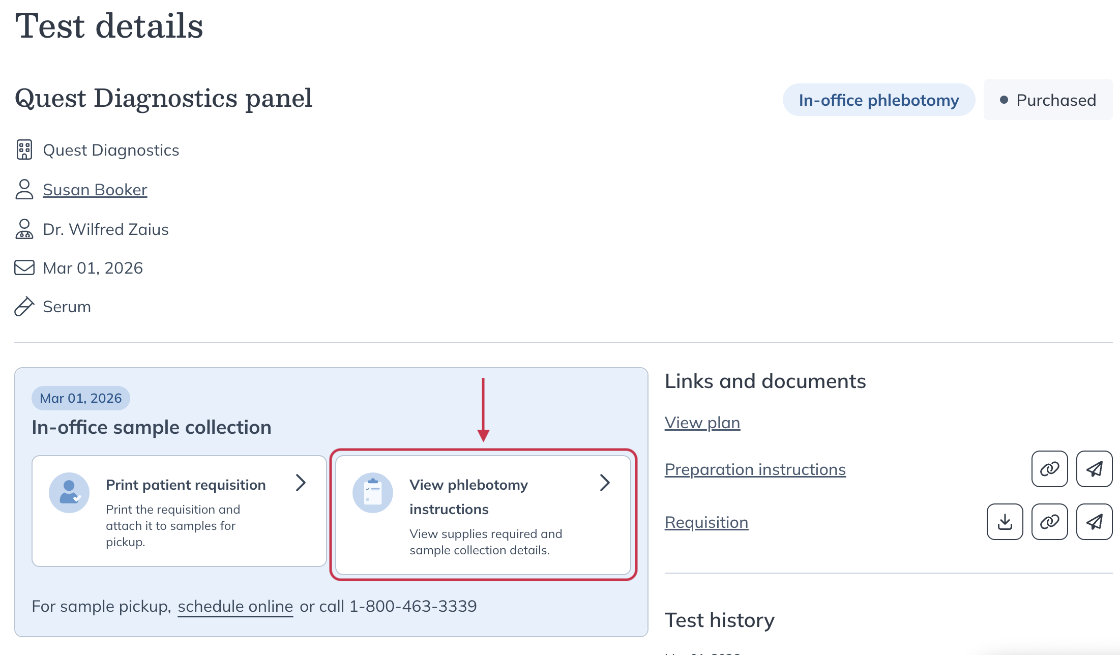Order details page showing In-office sample collection section with View phlebotomy instructions link.