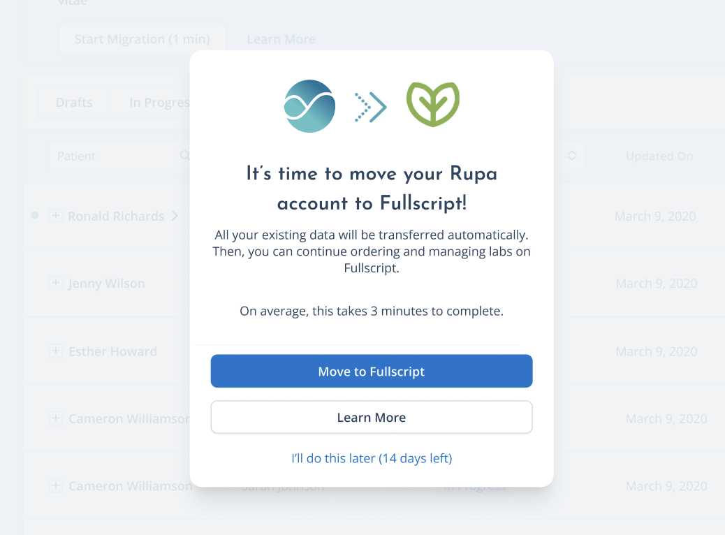 Pop-up in Rupa showing a countdown and the option to move to Fullscript