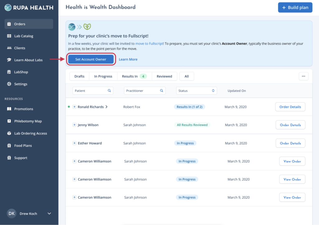 Rupa dashboard banner prompting the user to set an Account Owner before moving to Fullscript