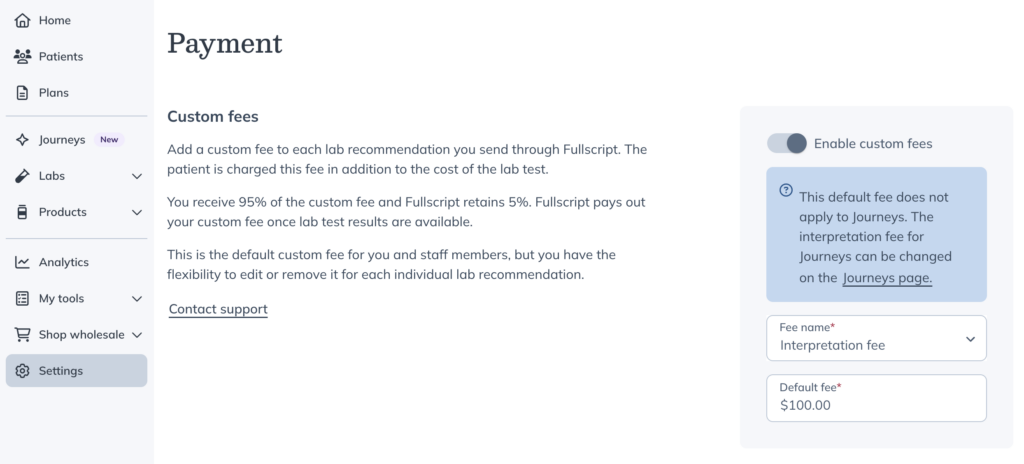 Labs settings Payment page with the Enable custom fees toggle, fee name dropdown, and default fee field