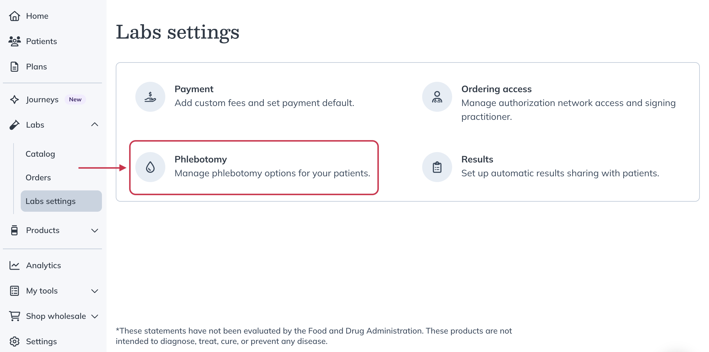 Labs settings page with the Phlebotomy option selected