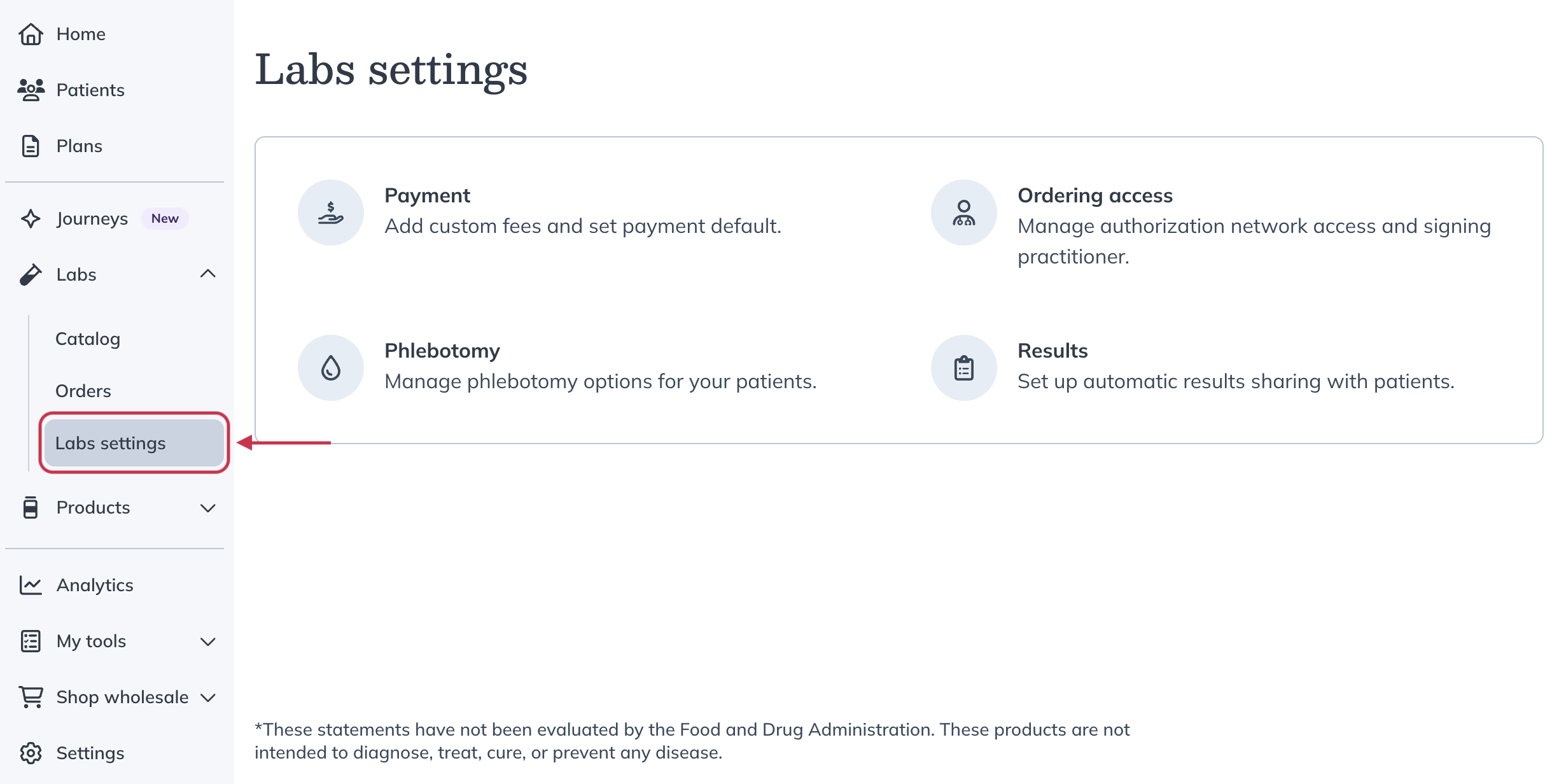 Labs settings page showing options for Payment, Phlebotomy, Ordering access, and Results