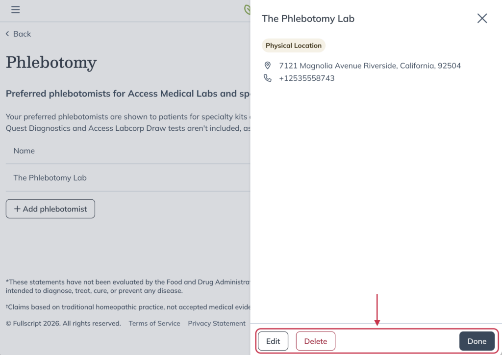 Preferred phlebotomist details drawer with Edit, Delete, and Done options