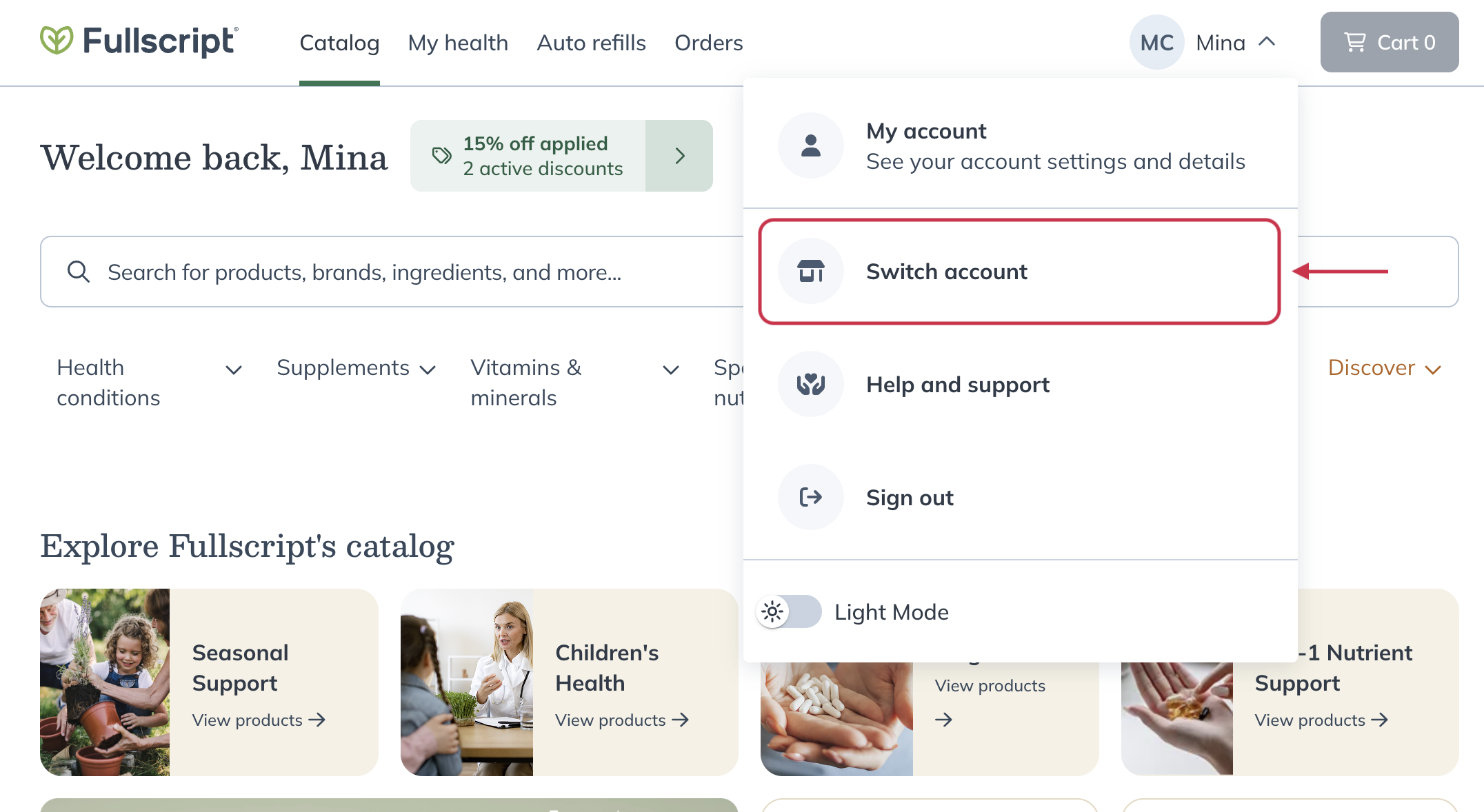 Selecting Switch account from the account menu.