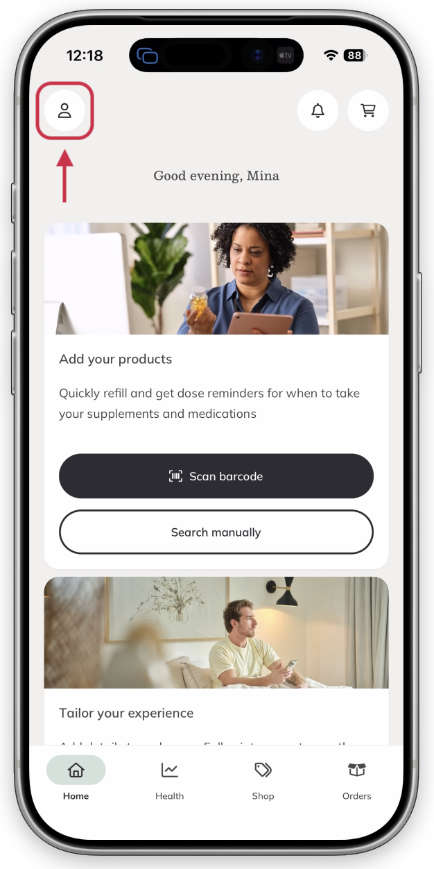 Opening the profile menu.