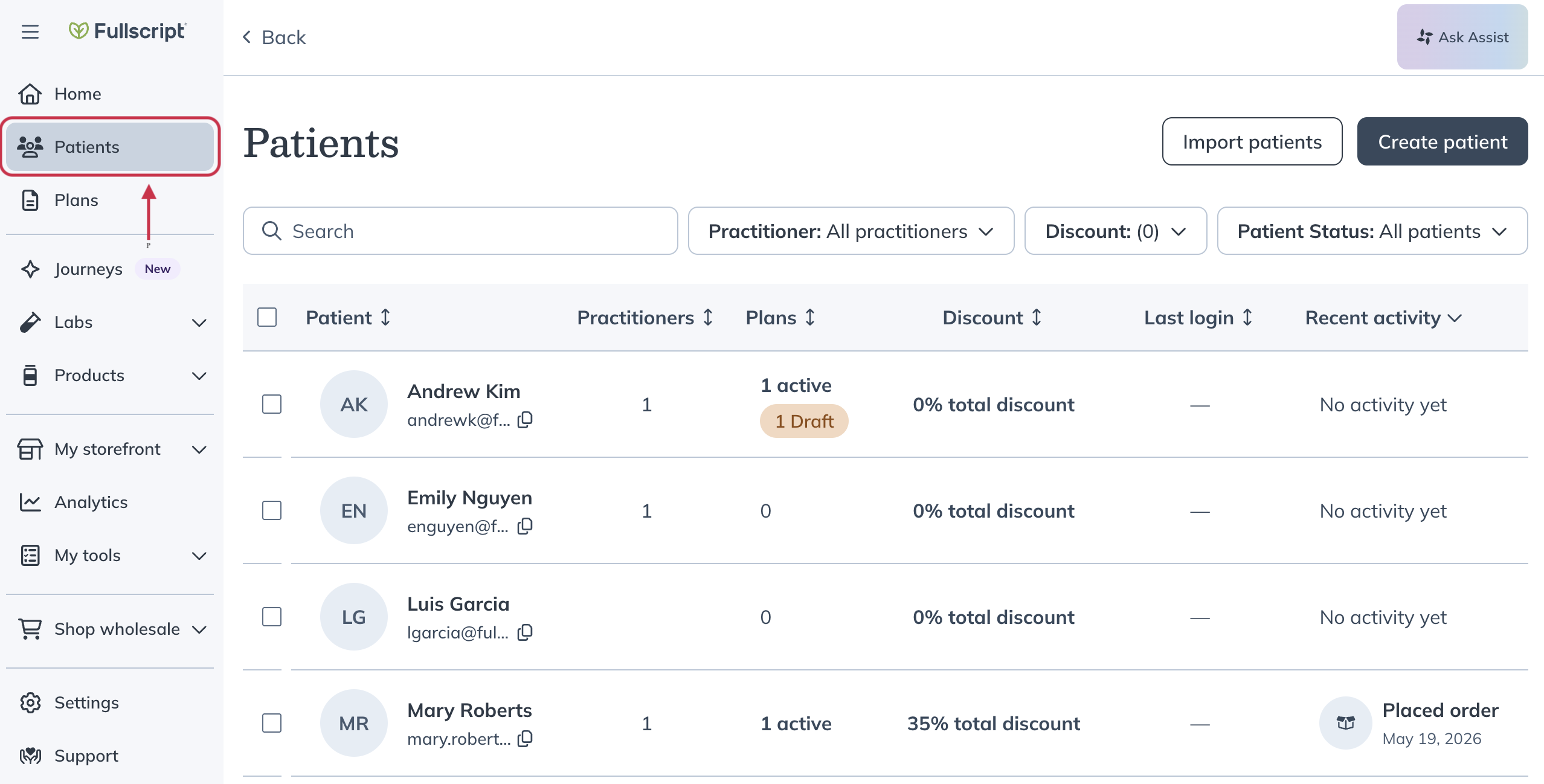 The Patients tab highlighted in the Fullscript navigation bar.