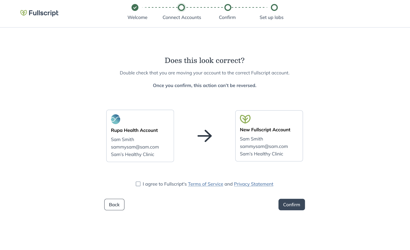 Confirmation screen showing the option to confirm your move to Fullscript.