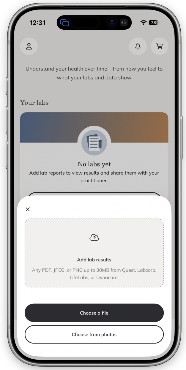 The Add lab results drawer in the Fullscript mobile app showing file upload options.
