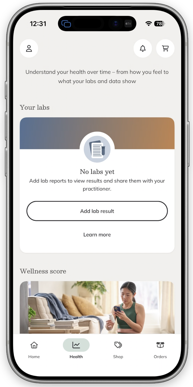The Health tab in the Fullscript mobile app showing the Add lab result button.