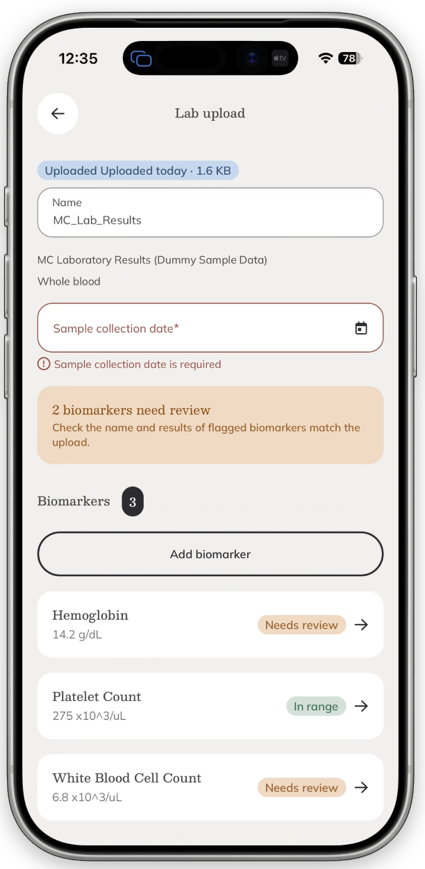 A mobile lab upload review screen showing items that need review before results can be confirmed.