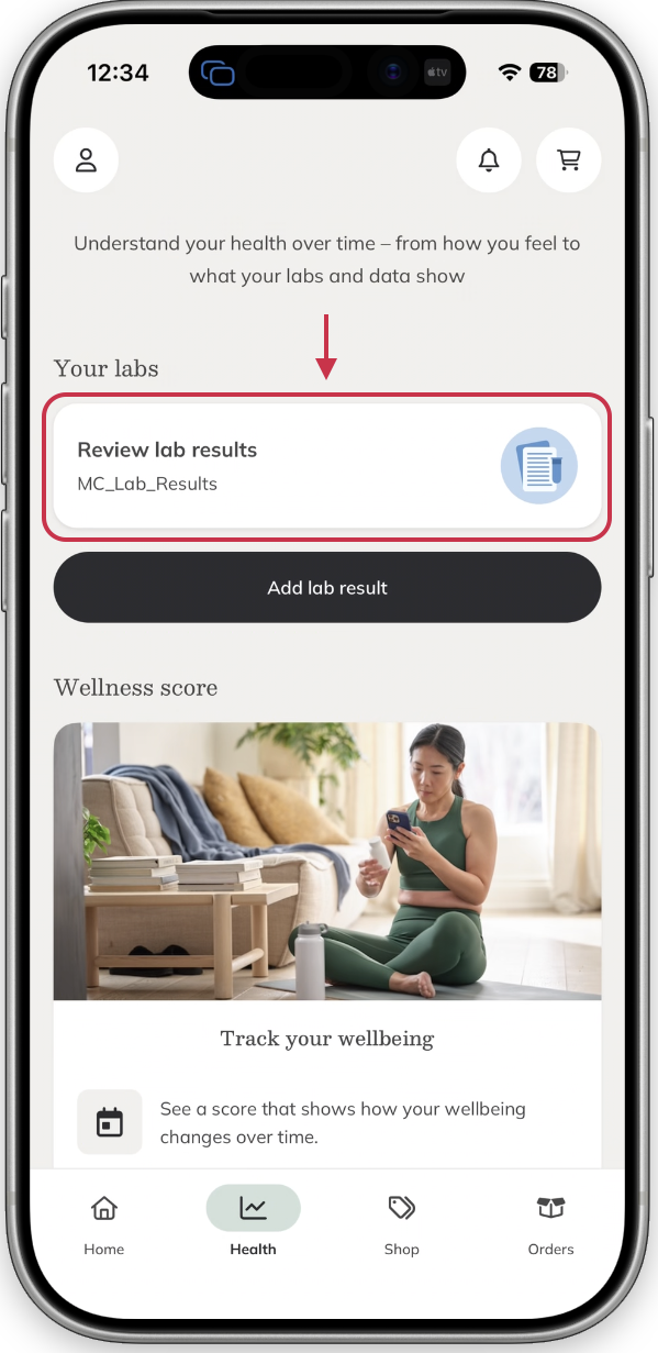 The Your labs section in the Fullscript mobile app showing a Review lab results button.