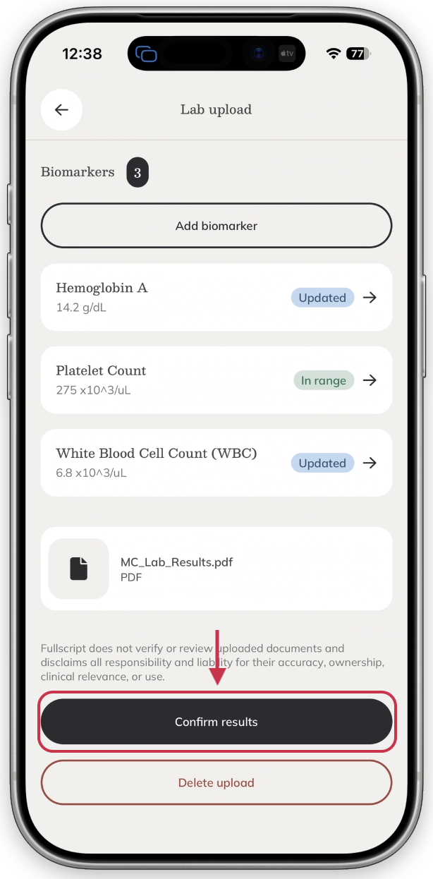 The mobile confirmation screen for saving uploaded lab results.