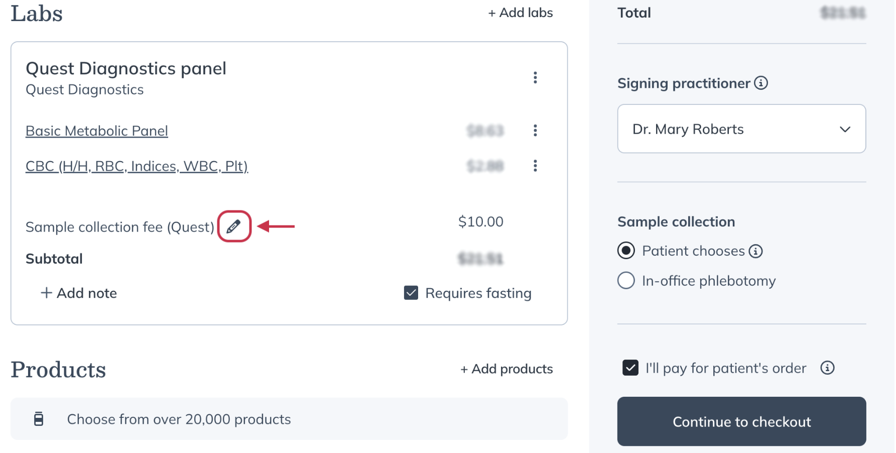 Review plan page showing Sample collection fee with a pencil icon